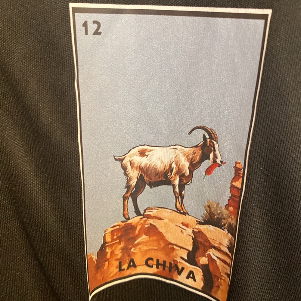 Unisex quarter-zip pullover w/loteria card homage to Disneyland Big Thunder goat